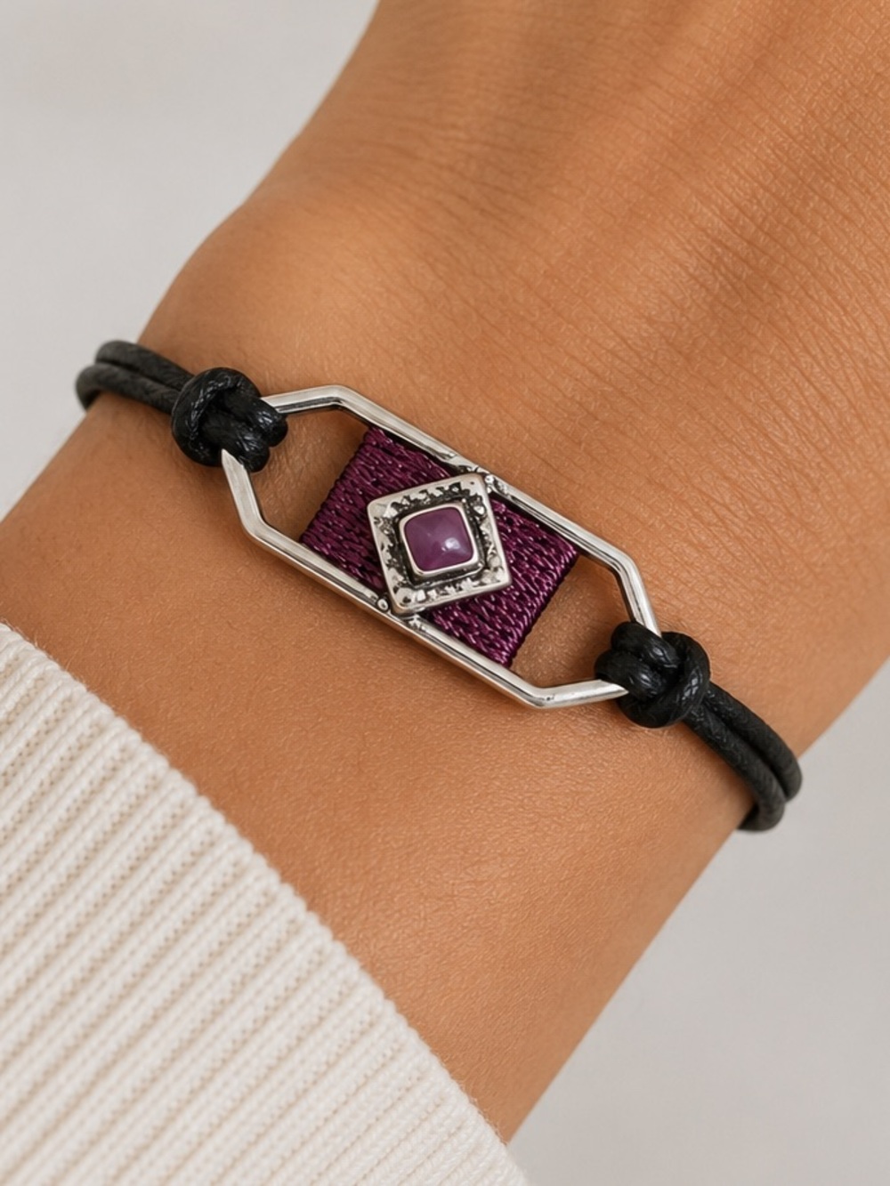 NEW - Stylish Bohemian Silver and Black Leather Bracelet w Purple Woven Center
